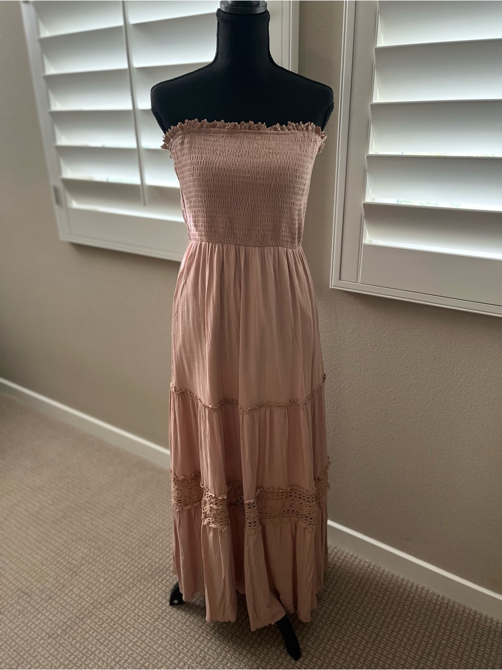 NWT Strapless Summer Boho Maxi Dress Smocked Tiered Crochet Cottagecore - Picture 4 of 6